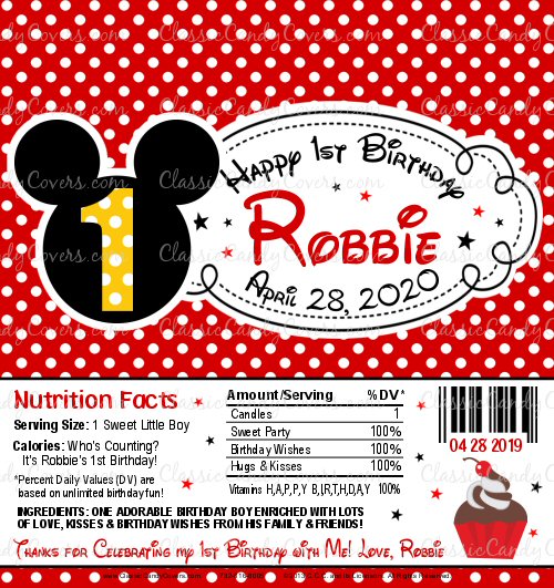 Mickey Mouse  Candy Bar Wrappers Soccer Birthday Party Favor personalized 6pc 